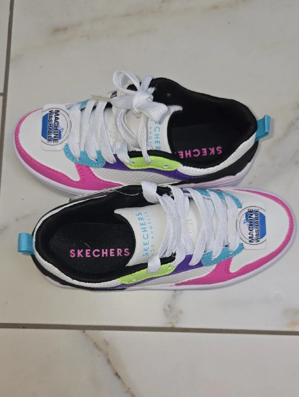 Skechers White Sneakers with Pink, Purple, Blue & Lime Accents